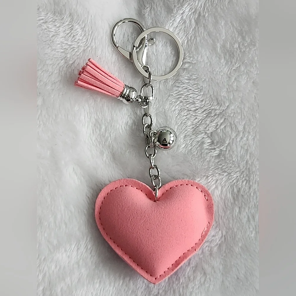 Pink and Silver Flaming Heart Rhinestone Keychain Bag Charm